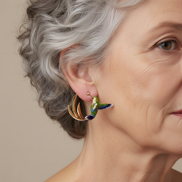 Vintage Enamel Hummingbird Hoop Earrings