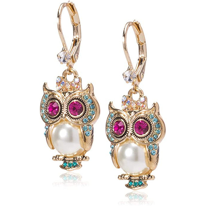 Vintage Owl Crystal Earrings â€“ Gold-Plated, Hand-Set Crystals &amp; Pearl Detail