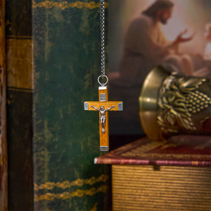 Christianartworkshop Retro Style Jesus Icon Crucifix Wood &amp; Alloy Pendant Necklace