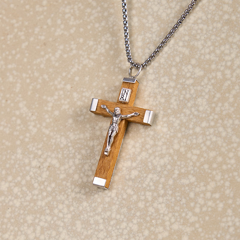 Christianartworkshop Retro Style Jesus Icon Crucifix Wood &amp; Alloy Pendant Necklace