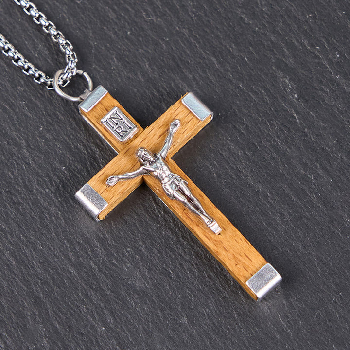 Christianartworkshop Retro Style Jesus Icon Crucifix Wood &amp; Alloy Pendant Necklace