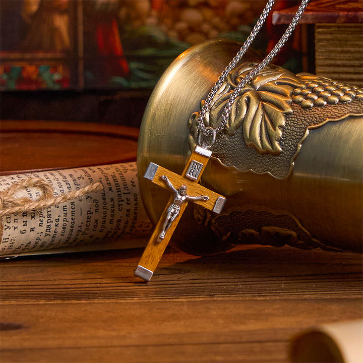 Christianartworkshop Retro Style Jesus Icon Crucifix Wood &amp; Alloy Pendant Necklace