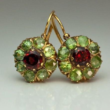 Vintage Rounded Green &amp; Red Crystal Earrings