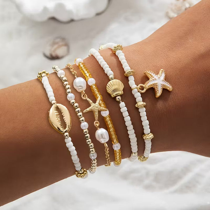 Coastal Gold &amp; Pearl Bracelet Set of 6