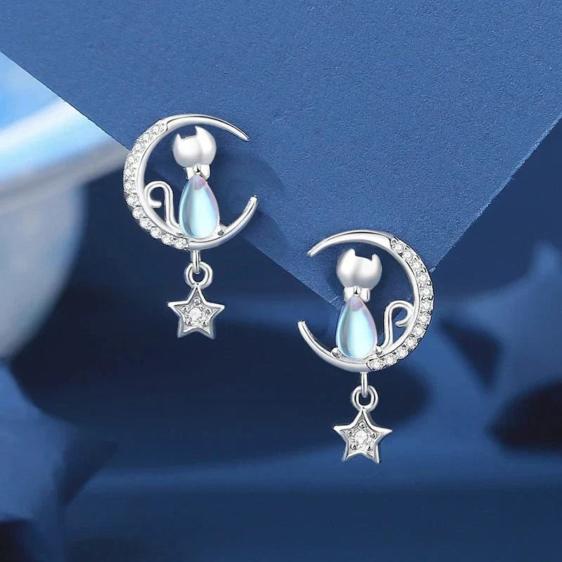925 Sterling silver Moon &amp; Star Cat Earrings With Zircon