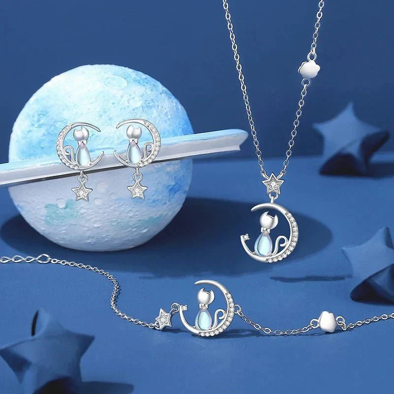 925 Sterling silver Moon &amp; Star Cat Earrings With Zircon