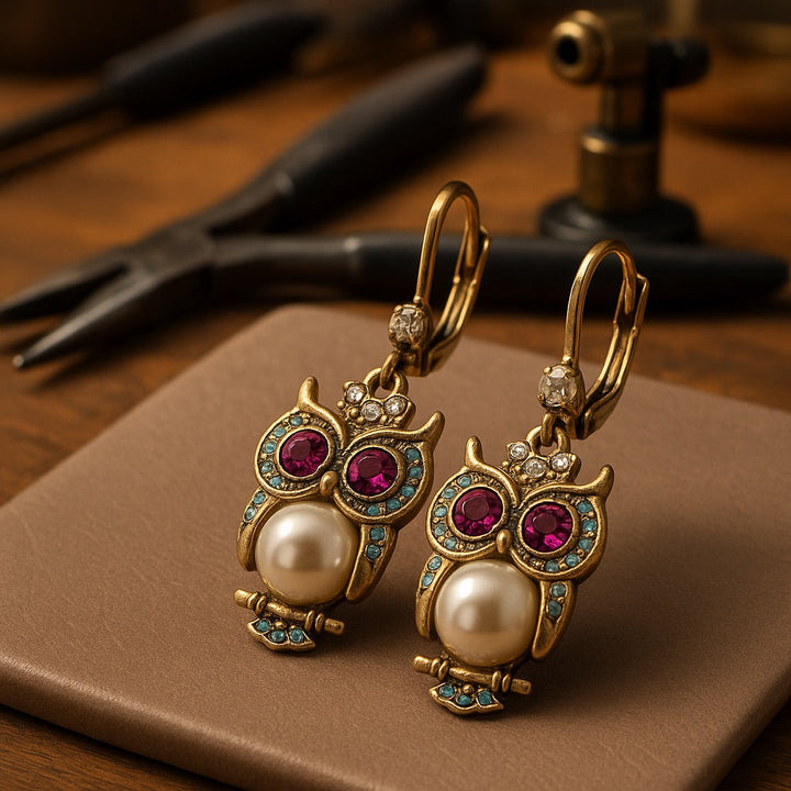 Vintage Owl Crystal Earrings â€“ Gold-Plated, Hand-Set Crystals &amp; Pearl Detail