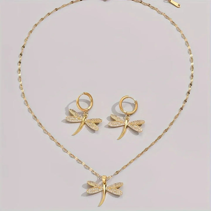 Gold Dragonfly Jewelry Necklace with Bonus Earrings