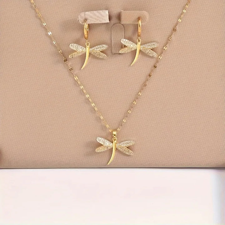 Gold Dragonfly Jewelry Necklace with Bonus Earrings