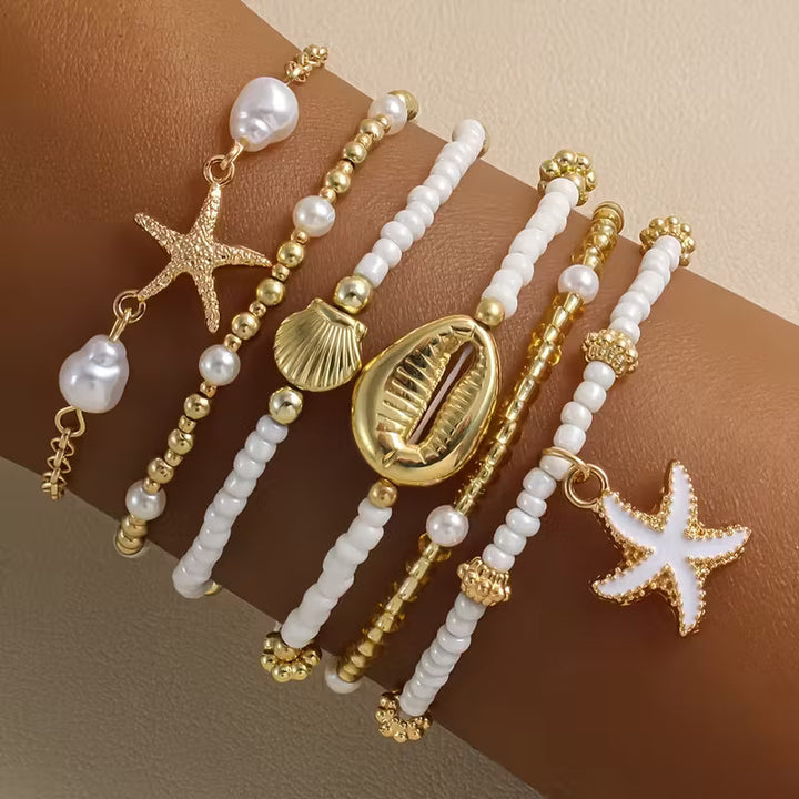 Coastal Gold &amp; Pearl Bracelet Set of 6