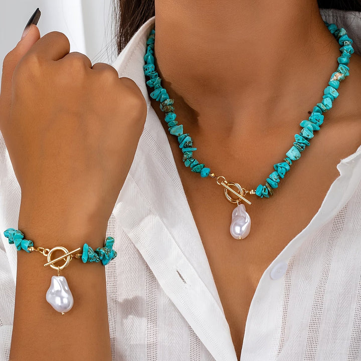 Turquoise &amp; Pearl Necklace Bracelet Set