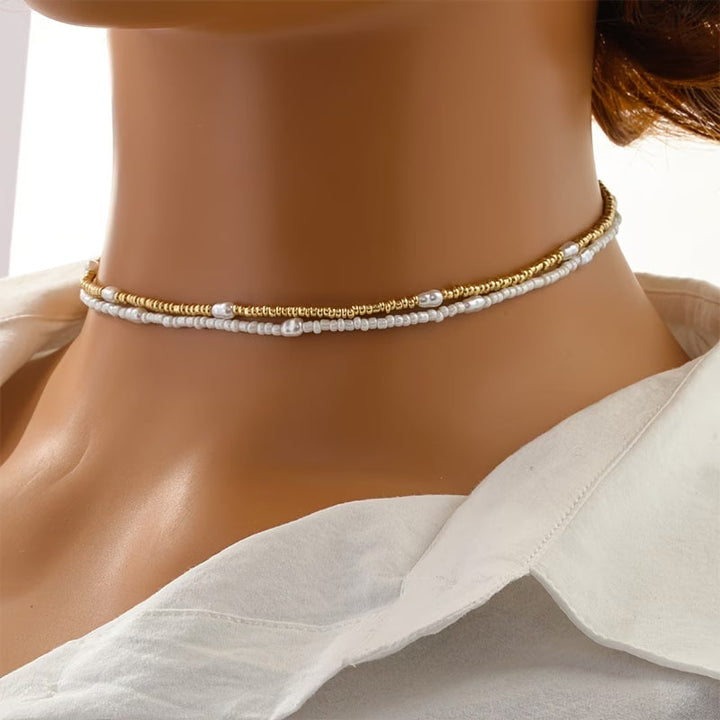 Layered Gold &amp; Pearl Beaded Necklace Set