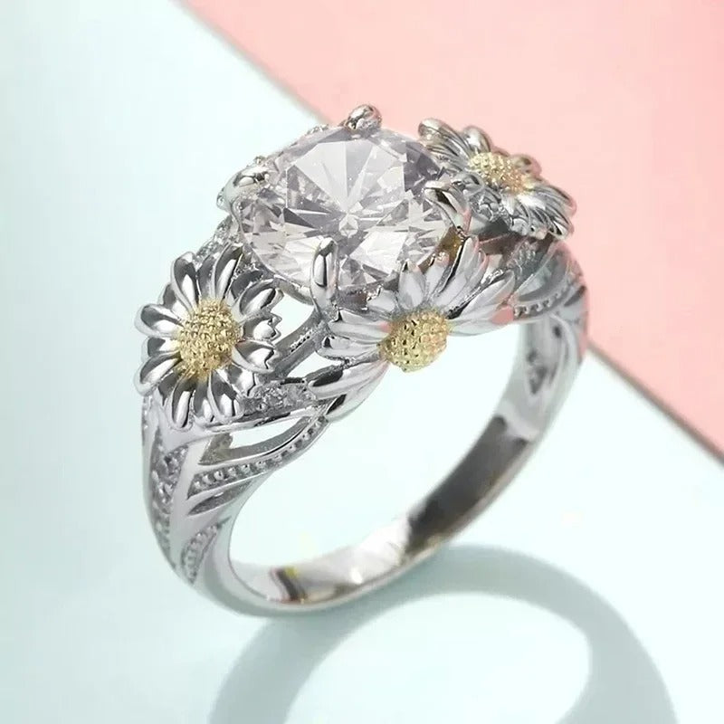 Vintage Yellow Sunflower &amp; Silver Ring