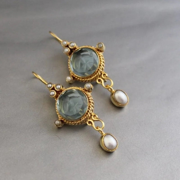 Vintage Blue Glass &amp; Pearl Drop Earrings