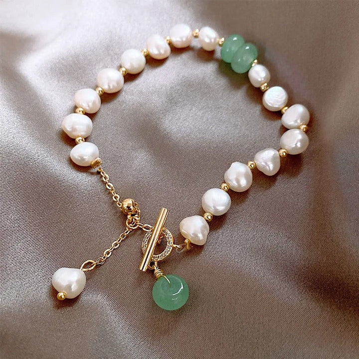 Vintage Pearl &amp; Gold Green Gem Bracelet