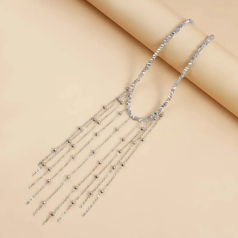 Silver Fringe &amp; Beaded Chain Drops Necklace