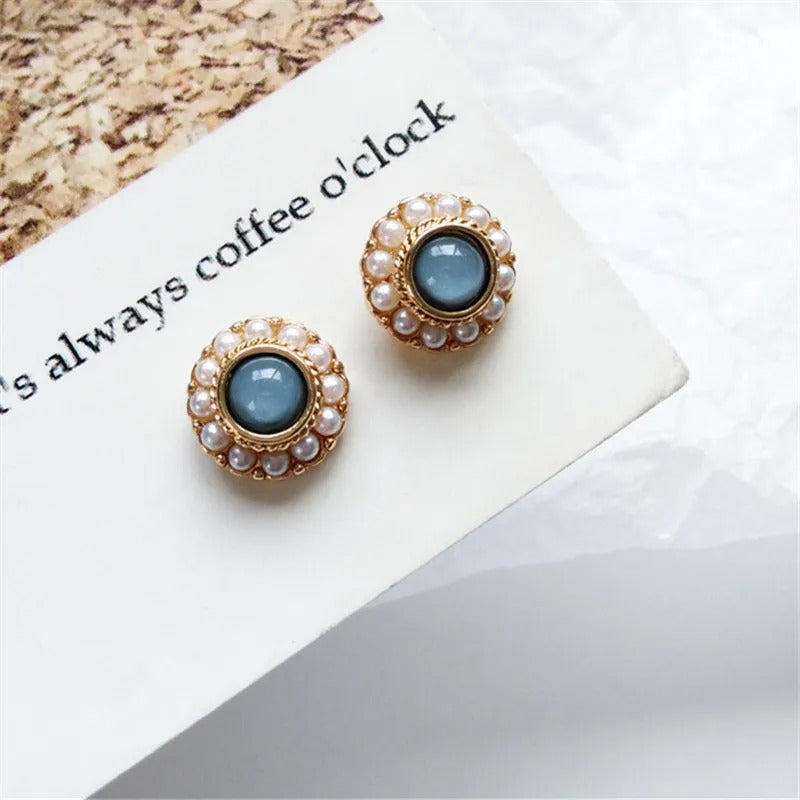 Vintage Gold &amp; Pearl Blue Stone Stud Earrings