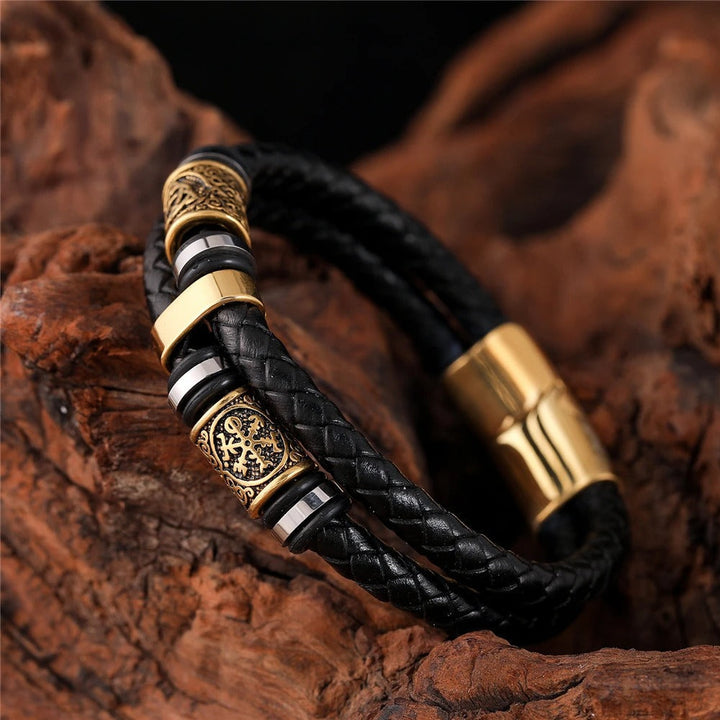 Black Woven Leather &amp; Gold Charm Bracelet