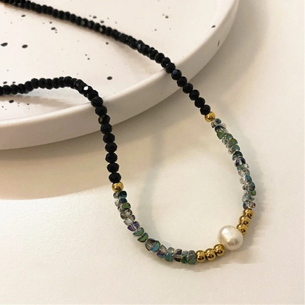 Gold &amp; Pearl Black Bead Necklace